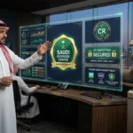 إشارات الثقة والأمان في مواقع الشركات السعودية — مستشار ويب سعودي بالزي الوطني الأصلي يحلل شاشات التوثيق والأمان الرقمي بجانب الصقر الآلي بالرياض