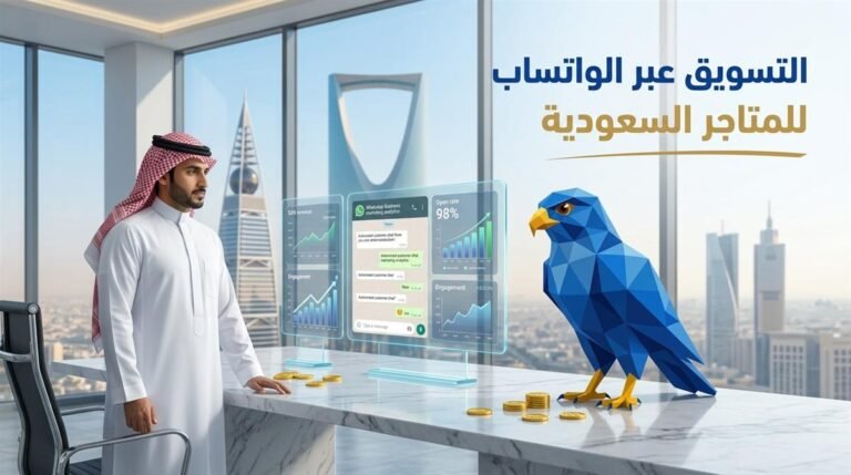 رجل أعمال سعودي وأفاتار صقر الصقر الرقمي بالأزرق الملكي يحللان مؤشرات التسويق عبر الواتساب ونمو المبيعات للمتاجر السعودية