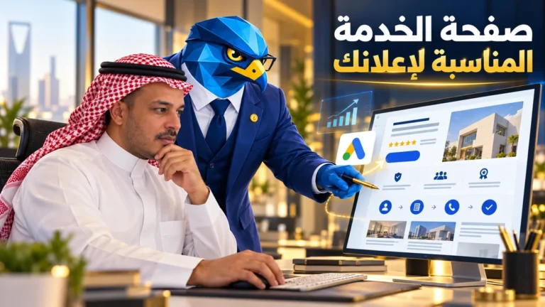 باسم ورجل الصقر يراجعان صفحة خدمة مناسبة لإعلان جوجل على شاشة في مكتب سعودي عصري