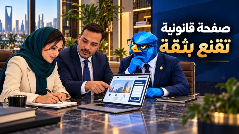 دعاء وباسم ورجل الصقر يراجعون صفحة هبوط لخدمة قانونية في السعودية