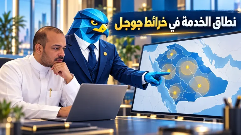 صاحب نشاط سعودي يراجع مدن نطاق الخدمة على خريطة في مكتب عصري بجانب أفاتار الصقر الأزرق