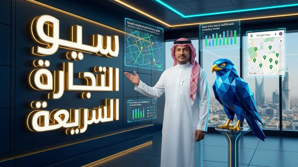 تنفيذي سعودي مع تميمة الصقر الزرقاء يحللان خرائط سيو التجارة السريعة والمتاجر المظلمة في الرياض
