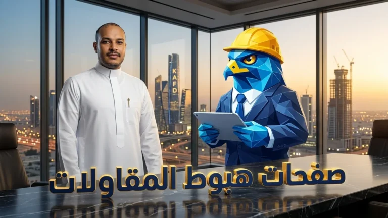 المدير التنفيذي لشركة مقاولات سعودية بالثوب الأبيض مع تميمة الصقر الزرقاء الهندسية بخوذة السلامة الصفراء يحللان صفحات هبوط المشاريع بالرياض