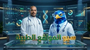 المدير الطبي السعودي برداء الأطباء مع تميمة الصقر الزرقاء الهندسية برداء الطبيب وسماعة الفحص يحللان سيو المواقع الطبية في الرياض