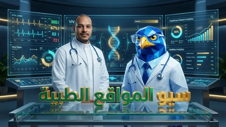 المدير الطبي السعودي برداء الأطباء مع تميمة الصقر الزرقاء الهندسية برداء الطبيب وسماعة الفحص يحللان سيو المواقع الطبية في الرياض