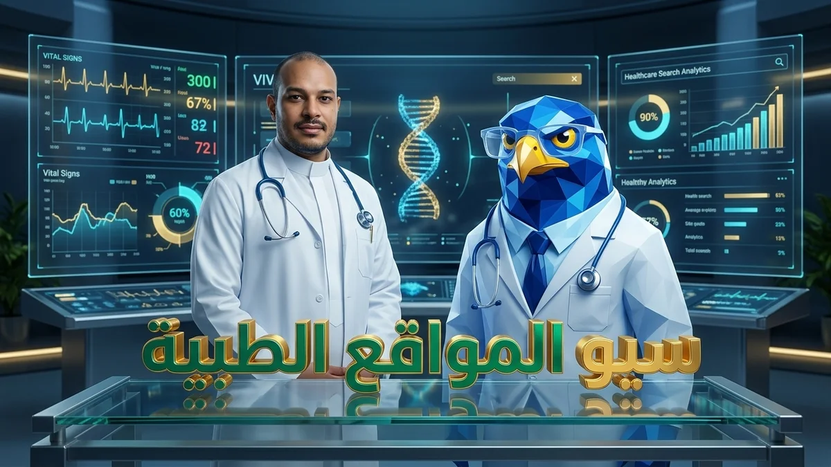 المدير الطبي السعودي برداء الأطباء مع تميمة الصقر الزرقاء الهندسية برداء الطبيب وسماعة الفحص يحللان سيو المواقع الطبية في الرياض