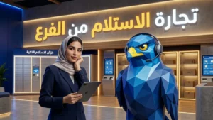 المديرة التنفيذية السعودية بالحجاب الأنيق والسترة الكحلية مع تميمة الصقر الزرقاء الهندسية وسماعة التشغيل أمام خزائن الاستلام الذكية بالرياض