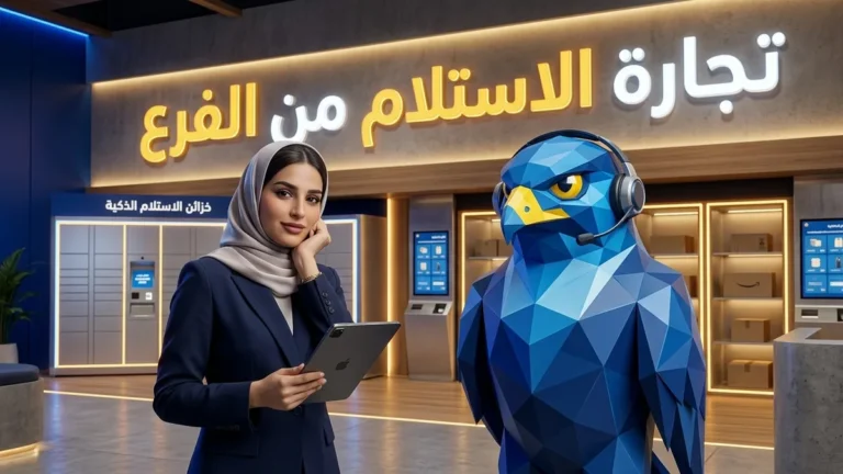 المديرة التنفيذية السعودية بالحجاب الأنيق والسترة الكحلية مع تميمة الصقر الزرقاء الهندسية وسماعة التشغيل أمام خزائن الاستلام الذكية بالرياض