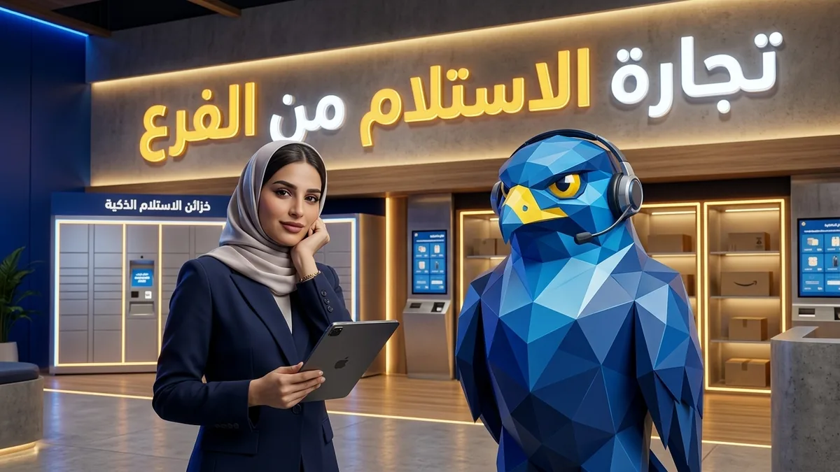 المديرة التنفيذية السعودية بالحجاب الأنيق والسترة الكحلية مع تميمة الصقر الزرقاء الهندسية وسماعة التشغيل أمام خزائن الاستلام الذكية بالرياض