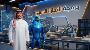 المدير التنفيذي التقني السعودي باسم بالثوب والشماغ السعودي الرسمي مع تميمة الصقر الزرقاء الرشيقة الهندسية أمام شاشات ومسارات المستودعات المظلمة الذكية بالرياض