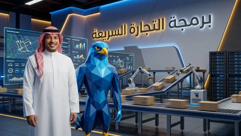 المدير التنفيذي التقني السعودي باسم بالثوب والشماغ السعودي الرسمي مع تميمة الصقر الزرقاء الرشيقة الهندسية أمام شاشات ومسارات المستودعات المظلمة الذكية بالرياض