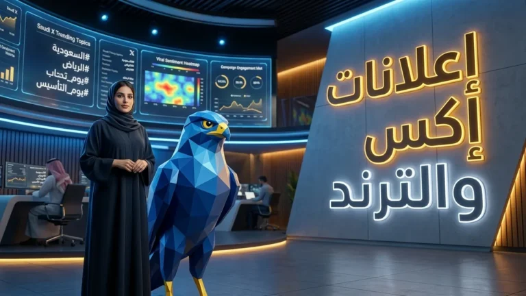 المديرة التنفيذية السعودية بالعباية والحجاب الرسمي الأنيق مع تميمة الصقر الزرقاء الرشيقة الهندسية أمام شاشات مراقبة ترندات إكس في الرياض