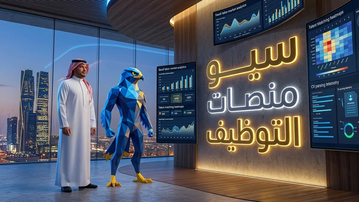 المدير التنفيذي للموارد البشرية السعودي باسم بالثوب والشماغ الرسمي مع تميمة الصقر الزرقاء الرشيقة الهندسية أمام شاشات تحليلات سوق العمل بالرياض