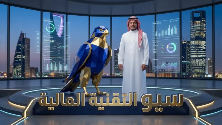 المدير التنفيذي المالي السعودي باسم بالثوب والشماغ الرسمي مع تميمة الصقر الزرقاء الرشيقة الهندسية أمام شاشات التقنية المالية بمركز الملك عبدالله المالي بالرياض