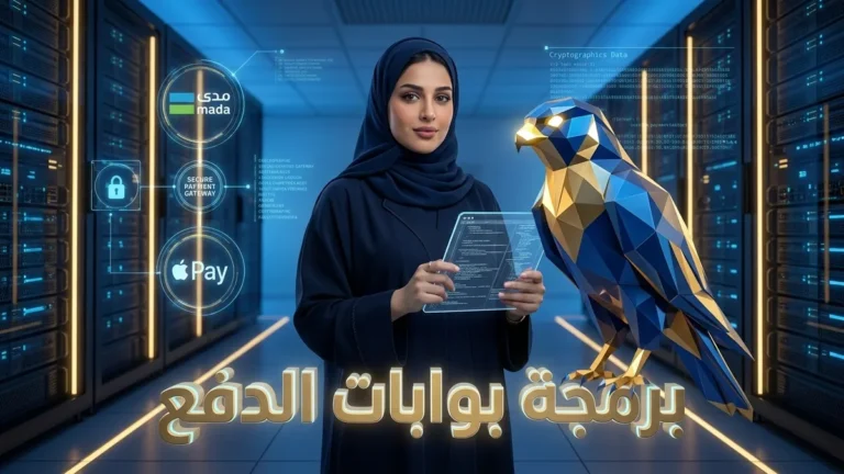 المديرة التنفيذية التقنية السعودية دعاء بالعباية والحجاب الرسمي مع تميمة الصقر الزرقاء الرشيقة الهندسية أمام شاشات مراكز البيانات وبوابات الدفع السحابية بالرياض