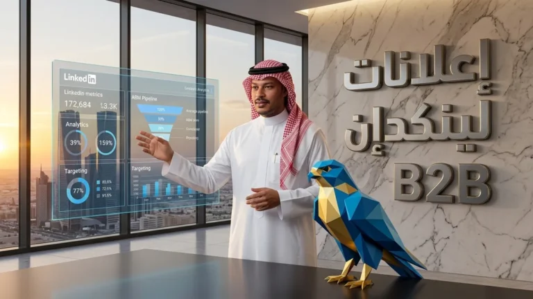 المدير التنفيذي السعودي باسم بالثوب والشماغ مع تميمة الصقر الزرقاء الرشيقة الهندسية في قاعة اجتماعات فاخرة بمركز الملك عبدالله المالي بالرياض يستعرض حملات لينكد إن B2B