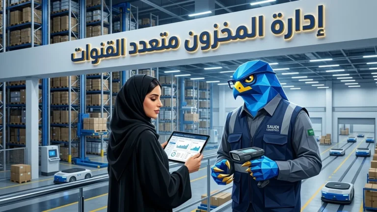 المديرة التنفيذية للعمليات اللوجستية السعودية دعاء بالعباية والحجاب مع أفاتار رجل الصقر الهندسي الأزرق بزيه اللوجستي الاحترافي وأصابع ومخالب الصقر الهندسية الزرقاء ذات الأطراف الذهبية يحمل جهاز ماسح الباركود في مركز توزيع ذكي بالرياض