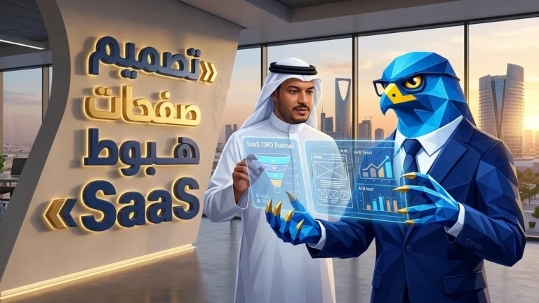المدير التنفيذي السعودي باسم بالثوب والشماغ مع أفاتار رجل الصقر الهندسي الأزرق ببدلته الرسمية وأصابعه ومخالبه الصقرية الهندسية الزرقاء ذات الأطراف الذهبية يستعرضان تحليلات تحويل صفحات الهبوط SaaS بالرياض