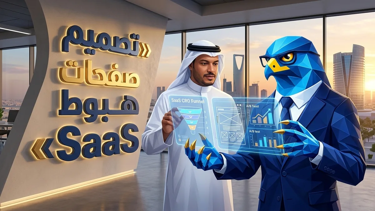 المدير التنفيذي السعودي باسم بالثوب والشماغ مع أفاتار رجل الصقر الهندسي الأزرق ببدلته الرسمية وأصابعه ومخالبه الصقرية الهندسية الزرقاء ذات الأطراف الذهبية يستعرضان تحليلات تحويل صفحات الهبوط SaaS بالرياض
