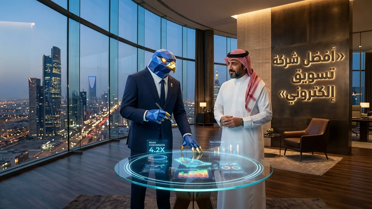 المدير التنفيذي السعودي باسم بالثوب والشماغ مع أفاتار رجل الصقر الهندسي الأزرق ببدلته الرسمية وأصابعه ومخالبه الصقرية الهندسية الزرقاء ذات الأطراف الذهبية أمام طاولة بيانات تفاعلية تعرض تحليلات الحملات وعائد الاستثمار بالرياض