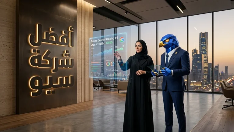 المديرة التقنية السعودية دعاء بالعباية والحجاب الرسمي مع أفاتار رجل الصقر الهندسي الأزرق ببدلته الرسمية وأصابعه ومخالبه الصقرية الهندسية الزرقاء ذات الأطراف الذهبية أمام شاشات هولوغرافية تستعرض تصدر المرتبة الأولى في جوجل ومحركات الذكاء الاصطناعي بالرياض