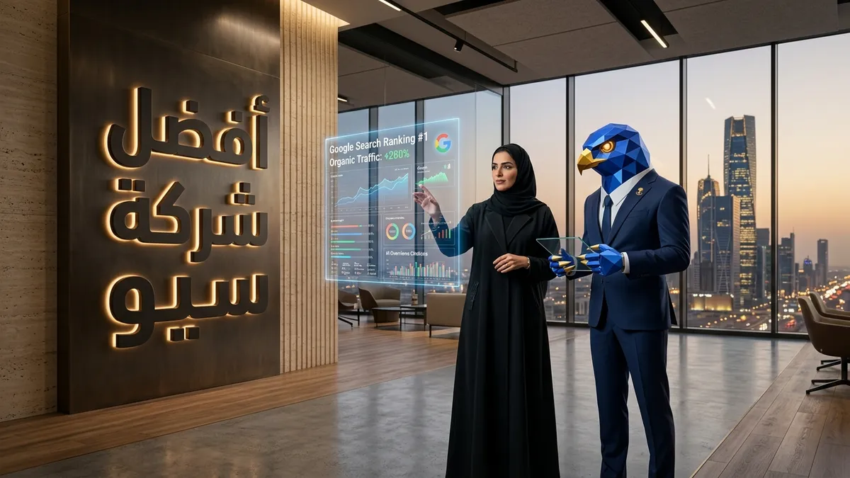 المديرة التقنية السعودية دعاء بالعباية والحجاب الرسمي مع أفاتار رجل الصقر الهندسي الأزرق ببدلته الرسمية وأصابعه ومخالبه الصقرية الهندسية الزرقاء ذات الأطراف الذهبية أمام شاشات هولوغرافية تستعرض تصدر المرتبة الأولى في جوجل ومحركات الذكاء الاصطناعي بالرياض