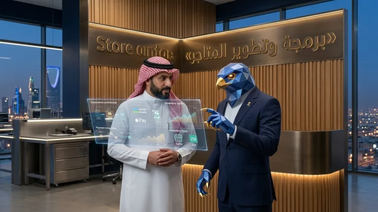 المدير التنفيذي السعودي باسم بالثوب والشماغ مع أفاتار رجل الصقر الهندسي الأزرق ببدلته الأنيقة وأصابعه ومخالبه الصقرية الهندسية الزرقاء ذات الأطراف الذهبية أمام شاشات هولوغرافية وكود برمجي لمتاجر إلكترونية في الرياض مع نص محفور ثلاثي الأبعاد برمجة وتطوير المتاجر
