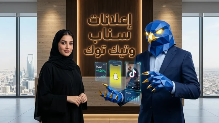 المديرة التنفيذية السعودية دعاء بالعباية والحجاب الرسمي مع أفاتار رجل الصقر الهندسي الأزرق ببدلته الرسمية وأصابعه ومخالبه الصقرية الهندسية الزرقاء ذات الأطراف الذهبية أمام شاشات هولوغرافية تستعرض إعلانات سناب شات وتيك توك الرأسية وتحليلات العائد على الإنفاق ROAS بالرياض مع عنوان ثلاثي الأبعاد محفور إعلانات سناب وتيك توك