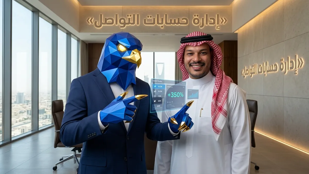 المدير التنفيذي السعودي باسم بالثوب والشماغ مع أفاتار رجل الصقر الهندسي الأزرق ببدلته الرسمية وأصابعه ومخالبه الصقرية الهندسية الزرقاء ذات الأطراف الذهبية أمام شاشات هولوغرافية تستعرض مؤشرات تفاعل ونمو حسابات التواصل الاجتماعي بالرياض مع عنوان ثلاثي الأبعاد محفور إدارة حسابات التواصل