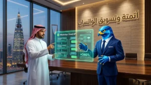 المدير التنفيذي السعودي باسم بالثوب والشماغ مع أفاتار رجل الصقر الهندسي الأزرق ببدلته الرسمية وأصابعه ومخالبه الصقرية الهندسية الزرقاء ذات الأطراف الذهبية أمام شاشات هولوغرافية تستعرض أتمتة رسائل WhatsApp Cloud API مع عنوان ثلاثي الأبعاد محفور أتمتة وتسويق الواتساب