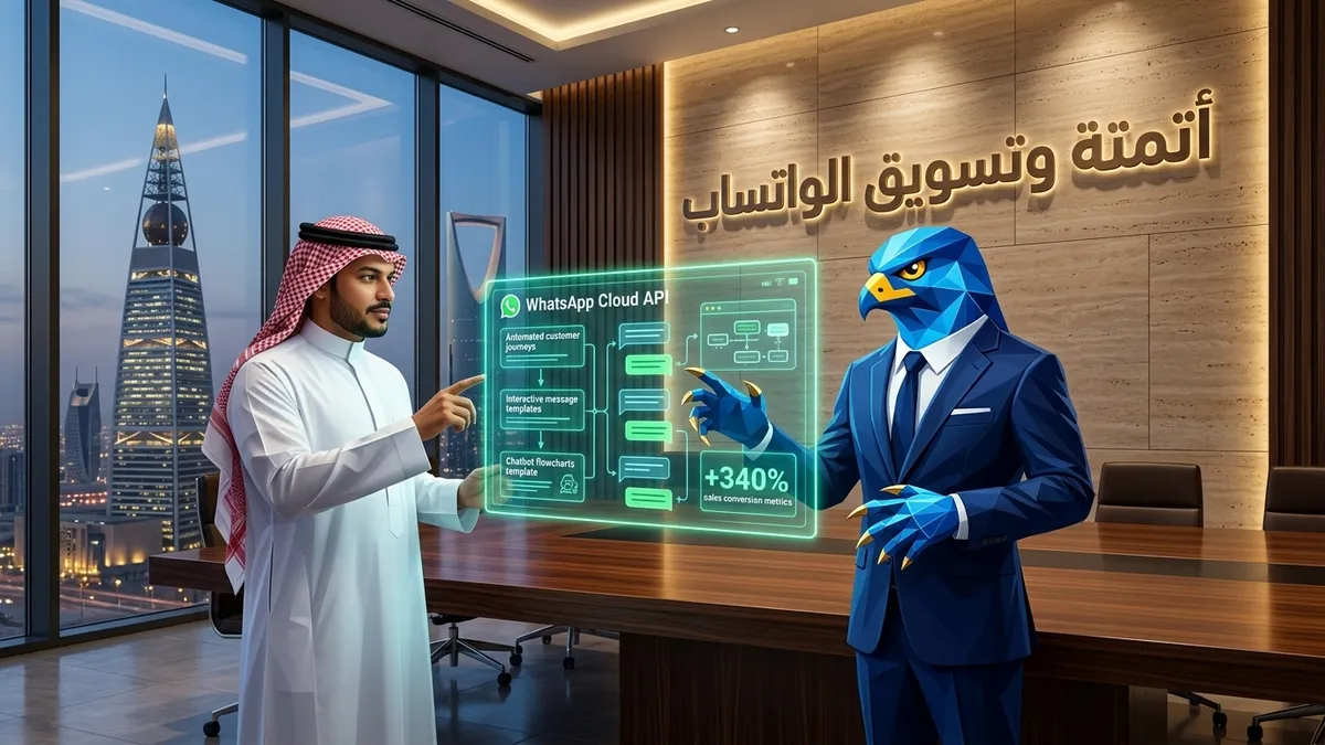 المدير التنفيذي السعودي باسم بالثوب والشماغ مع أفاتار رجل الصقر الهندسي الأزرق ببدلته الرسمية وأصابعه ومخالبه الصقرية الهندسية الزرقاء ذات الأطراف الذهبية أمام شاشات هولوغرافية تستعرض أتمتة رسائل WhatsApp Cloud API مع عنوان ثلاثي الأبعاد محفور أتمتة وتسويق الواتساب