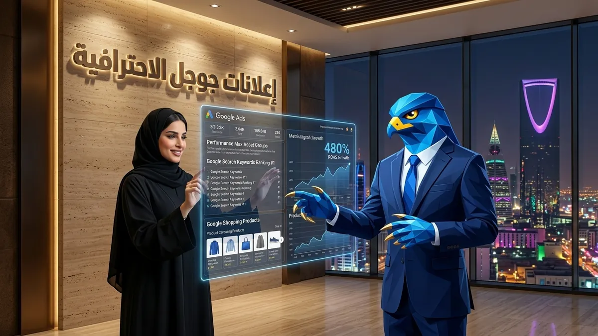 المديرة التنفيذية والتقنية السعودية دعاء بالعباية والحجاب مع أفاتار رجل الصقر الهندسي الأزرق ببدلته الرسمية وأصابعه ومخالبه الصقرية الهندسية الزرقاء ذات الأطراف الذهبية أمام شاشات هولوغرافية تستعرض إدارة حملات Google Ads مع عنوان ثلاثي الأبعاد محفور إعلانات جوجل الاحترافية