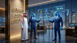 المدير التنفيذي السعودي باسم بالثوب والشماغ مع أفاتار رجل الصقر الهندسي الأزرق ببدلته الرسمية وأصابعه ومخالبه الصقرية الهندسية الزرقاء ذات الأطراف الذهبية أمام شاشات هولوغرافية تستعرض تدفقات تتبع البيانات GA4 وMeta CAPI مع عنوان ثلاثي الأبعاد محفور التحليلات والتتبع الرقمي