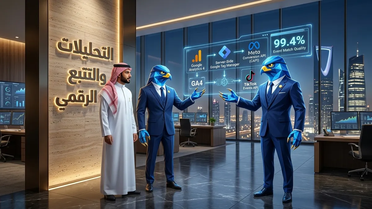 المدير التنفيذي السعودي باسم بالثوب والشماغ مع أفاتار رجل الصقر الهندسي الأزرق ببدلته الرسمية وأصابعه ومخالبه الصقرية الهندسية الزرقاء ذات الأطراف الذهبية أمام شاشات هولوغرافية تستعرض تدفقات تتبع البيانات GA4 وMeta CAPI مع عنوان ثلاثي الأبعاد محفور التحليلات والتتبع الرقمي