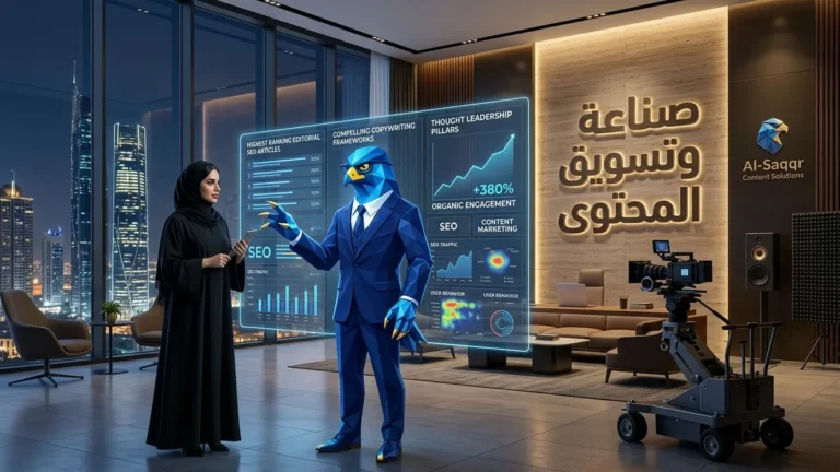 المديرة التنفيذية والتقنية السعودية دعاء بالعباية والحجاب مع أفاتار رجل الصقر الهندسي الأزرق ببدلته الرسمية وأصابعه ومخالبه الصقرية الهندسية الزرقاء ذات الأطراف الذهبية أمام شاشات هولوغرافية تستعرض استراتيجيات المحتوى التحريري مع عنوان ثلاثي الأبعاد محفور صناعة وتسويق المحتوى