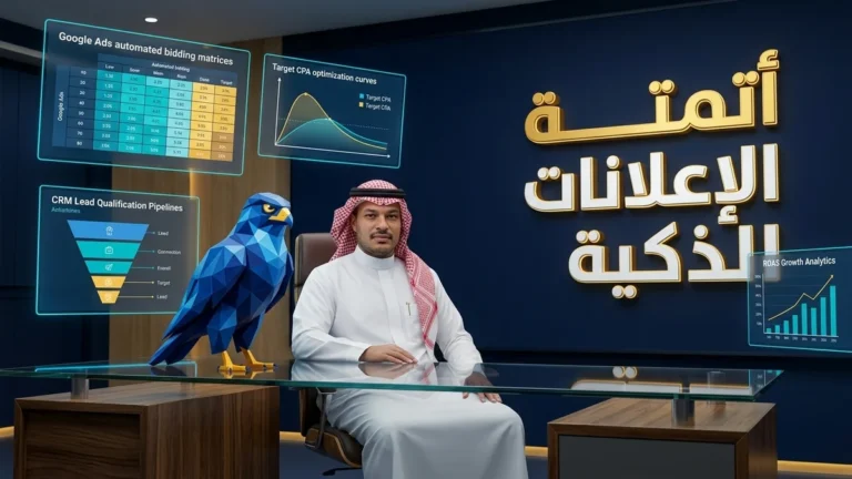 تنفيذي تسويق سعودي مع تميمة الصقر الزرقاء يحللان شاشات أتمتة الحملات الإعلانية الذكية وتوليد العملاء في الرياض