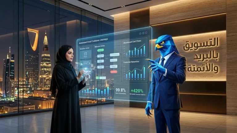 المديرة التنفيذية والتقنية السعودية دعاء بالعباية والحجاب مع أفاتار رجل الصقر الهندسي الأزرق ببدلته الرسمية وأصابعه ومخالبه الصقرية الهندسية الزرقاء ذات الأطراف الذهبية أمام شاشات هولوغرافية تستعرض أتمتة التسويق البريدي مع عنوان ثلاثي الأبعاد محفور التسويق بالبريد والأتمتة