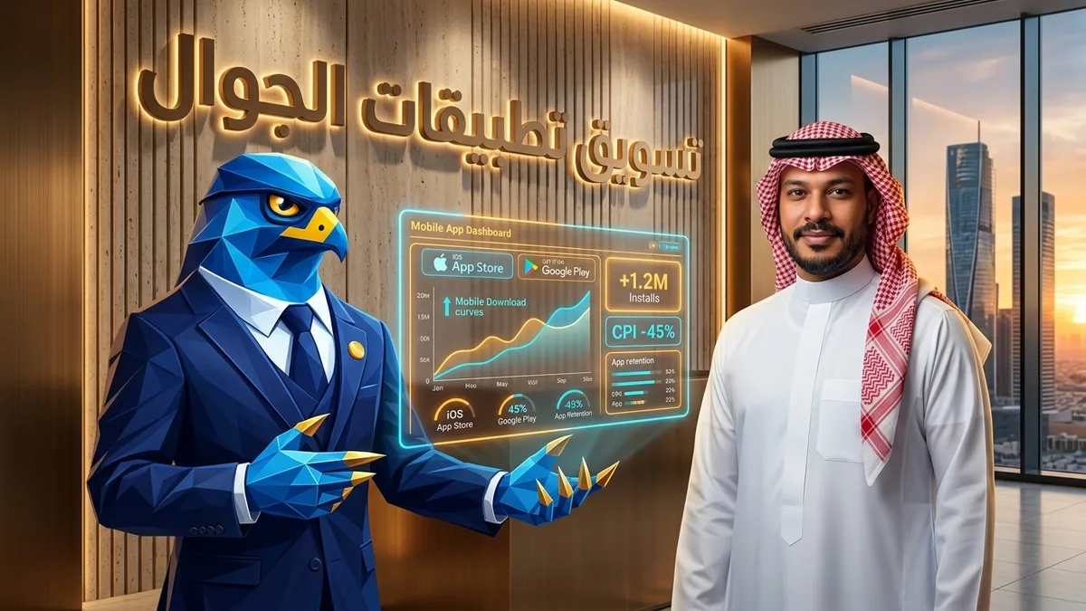 المدير التنفيذي السعودي باسم وأفاتار رجل الصقر بأصابعه ومخالبه الصقرية الهندسية الزرقاء ذات الأطراف الذهبية يشيران إلى لوحة تحكم نمو تطبيقات الجوال في الرياض مع عنوان ثلاثي الأبعاد تسويق تطبيقات الجوال