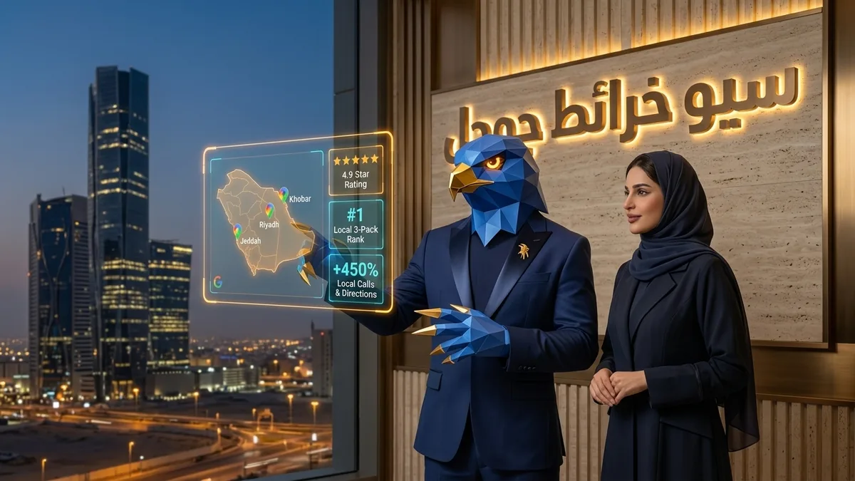 المديرة التنفيذية والتقنية السعودية دعاء بالعباية والحجاب مع أفاتار رجل الصقر بأصابعه ومخالبه الصقرية الهندسية الزرقاء ذات الأطراف الذهبية يستعرضان خريطة السعودية التفاعلية ومؤشرات تصدر خرائط جوجل مع عنوان ثلاثي الأبعاد سيو خرائط جوجل