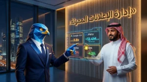 المدير التنفيذي السعودي باسم وأفاتار رجل الصقر بأصابعه ومخالبه الصقرية الهندسية الزرقاء ذات الأطراف الذهبية يشيران إلى لوحة تحكم الحملات الإعلانية الممولة وعائد ROAS 5.8x بالرياض مع عنوان ثلاثي الأبعاد إدارة الإعلانات الممولة