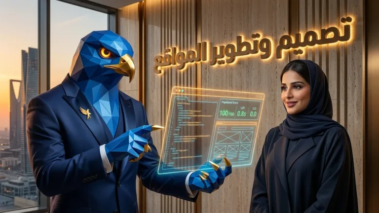 المديرة التنفيذية والتقنية السعودية دعاء بالعباية والحجاب مع أفاتار رجل الصقر بأصابعه ومخالبه الصقرية الهندسية الزرقاء ذات الأطراف الذهبية يستعرضان شاشة كود وبرمجة مواقع فائقة السرعة ومؤشرات PageSpeed 100/100 بالرياض مع عنوان ثلاثي الأبعاد تصميم وتطوير المواقع
