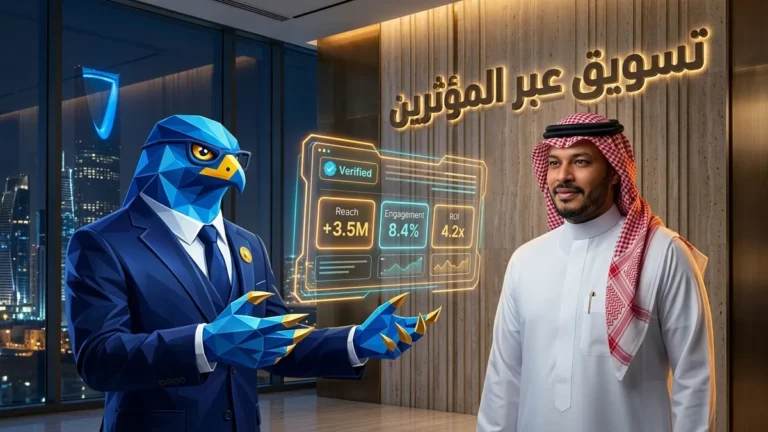 المدير التنفيذي السعودي باسم وأفاتار رجل الصقر بأصابعه ومخالبه الصقرية الهندسية الزرقاء ذات الأطراف الذهبية يستعرضان لوحة تحكم حملات المؤثرين وعائد ROI 4.2x بالرياض مع عنوان ثلاثي الأبعاد تسويق عبر المؤثرين