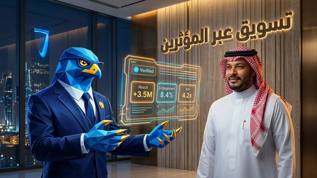 المدير التنفيذي السعودي باسم وأفاتار رجل الصقر بأصابعه ومخالبه الصقرية الهندسية الزرقاء ذات الأطراف الذهبية يستعرضان لوحة تحكم حملات المؤثرين وعائد ROI 4.2x بالرياض مع عنوان ثلاثي الأبعاد تسويق عبر المؤثرين
