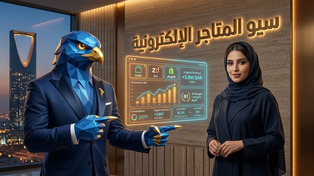 المديرة التنفيذية والتقنية السعودية دعاء بالعباية والحجاب مع أفاتار رجل الصقر بأصابعه ومخالبه الصقرية الهندسية الزرقاء ذات الأطراف الذهبية يستعرضان شاشة تحليلات سيو المتاجر ونمو مبيعات +3.8M ريال بالرياض مع عنوان ثلاثي الأبعاد سيو المتاجر الإلكترونية