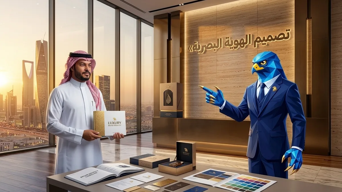 المدير التنفيذي السعودي باسم بالثوب والشماغ مع أفاتار رجل الصقر بأصابعه ومخالبه الصقرية الهندسية الزرقاء ذات الأطراف الذهبية يستعرضان كتاب الهوية البصرية الفاخرة ونماذج البراندينج بالرياض مع عنوان ثلاثي الأبعاد تصميم الهوية البصرية