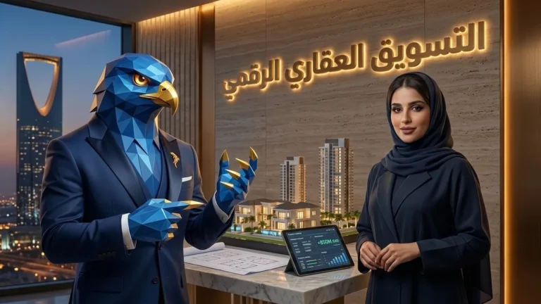 المديرة التنفيذية والتقنية السعودية دعاء بالعباية والحجاب مع أفاتار رجل الصقر بأصابعه ومخالبه الصقرية الهندسية الزرقاء ذات الأطراف الذهبية يستعرضان المجسم المعماري للمشاريع السكنية والتجارية ولوحة تحليلات مبيعات +850M ريال بالرياض مع عنوان ثلاثي الأبعاد التسويق العقاري الرقمي