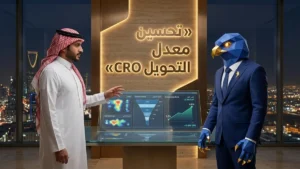 المدير التنفيذي السعودي باسم بالثوب والشماغ مع أفاتار رجل الصقر بأصابعه ومخالبه الصقرية الهندسية الزرقاء ذات الأطراف الذهبية يستعرضان لوحة تحليلات معدل التحويل وقفزة 4.6% ونمو مبيعات +6.4M ريال بالرياض مع عنوان ثلاثي الأبعاد تحسين معدل التحويل CRO