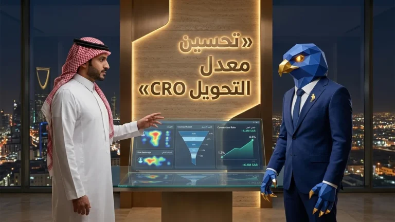 المدير التنفيذي السعودي باسم بالثوب والشماغ مع أفاتار رجل الصقر بأصابعه ومخالبه الصقرية الهندسية الزرقاء ذات الأطراف الذهبية يستعرضان لوحة تحليلات معدل التحويل وقفزة 4.6% ونمو مبيعات +6.4M ريال بالرياض مع عنوان ثلاثي الأبعاد تحسين معدل التحويل CRO