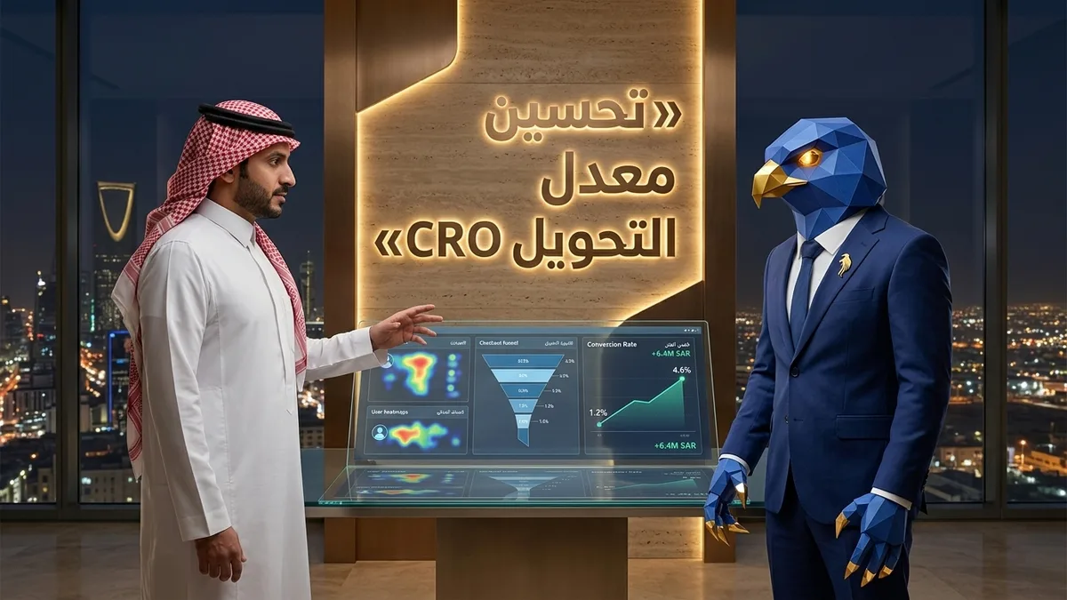 المدير التنفيذي السعودي باسم بالثوب والشماغ مع أفاتار رجل الصقر بأصابعه ومخالبه الصقرية الهندسية الزرقاء ذات الأطراف الذهبية يستعرضان لوحة تحليلات معدل التحويل وقفزة 4.6% ونمو مبيعات +6.4M ريال بالرياض مع عنوان ثلاثي الأبعاد تحسين معدل التحويل CRO