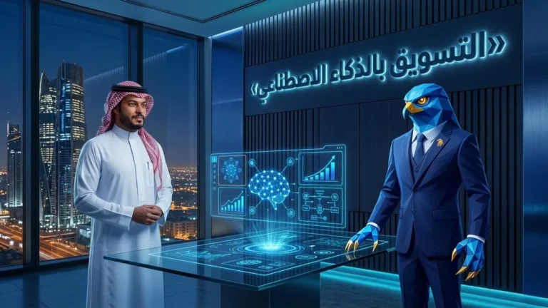 المدير التنفيذي السعودي باسم بالثوب والشماغ مع أفاتار رجل الصقر بأصابعه ومخالبه الصقرية الهندسية الزرقاء ذات الأطراف الذهبية يستعرضان شاشة استراتيجية الذكاء الاصطناعي الهولوغرافية التفاعلية بالرياض ضمن بيئة معمارية كحلية وفيروزية حديثة مع عنوان ثلاثي الأبعاد التسويق بالذكاء الاصطناعي